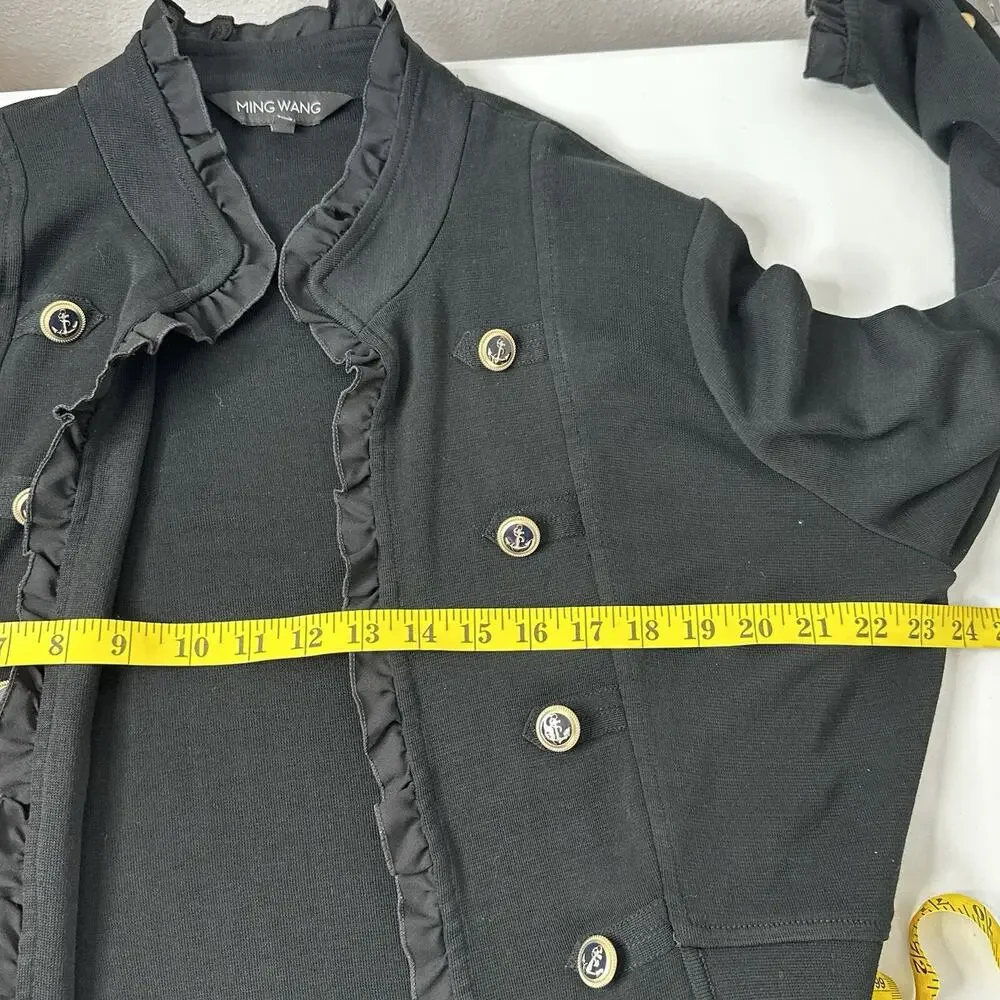 Ming Wang Cardigan Jacket Women Large Petite Black Ruffle Anchor Button Nautical